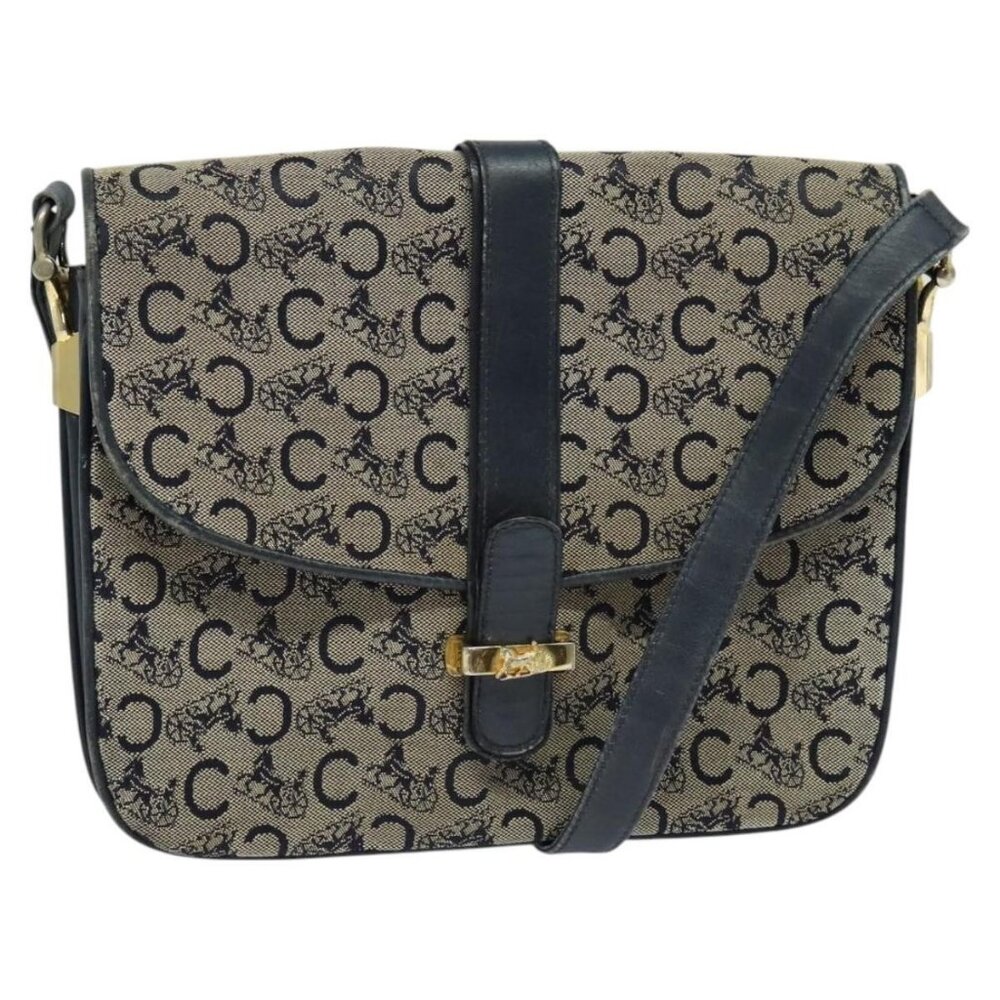 Authentic CELINE C Sulky Shoulder Bag Canvas Navy Gold